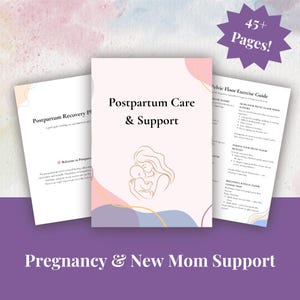 Pode incluir: Três guias abertos sobre um fundo roxo. O guia central é intitulado "Postpartum Care & Support" com uma ilustração de mãe e bebê. Os outros guias são intitulados "Postpartum Recovery Plan" e "Pelvic Floor Exercise Guide". A imagem também inclui o texto "Pregnancy & New Mom Support".