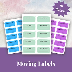 Etiquetas de mudanza imprimibles con código de colores para habitaciones, para cajas de embalaje, lista de verificación para la organización de la mudanza.