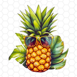 May include: A pineapple with green leaves and sunglasses, surrounded by tropical leaves. The pineapple is yellow and brown with a textured surface.