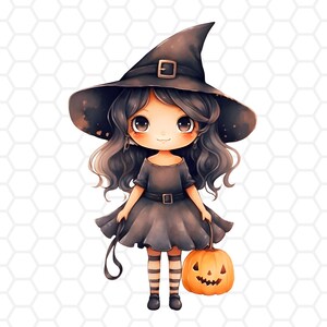 Peut inclure: Une sorcière de dessin animé avec de longs cheveux noirs portant un chapeau de sorcière noir et une robe noire. Elle tient une citrouille orange sculptée avec un visage de citrouille.