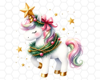 May include: A white unicorn with a rainbow mane and tail is wearing a green Christmas wreath with red berries and gold glitter. The unicorn has a gold star on its head and a pink bow around its neck. The background is a white and gray honeycomb pattern with gold glitter.