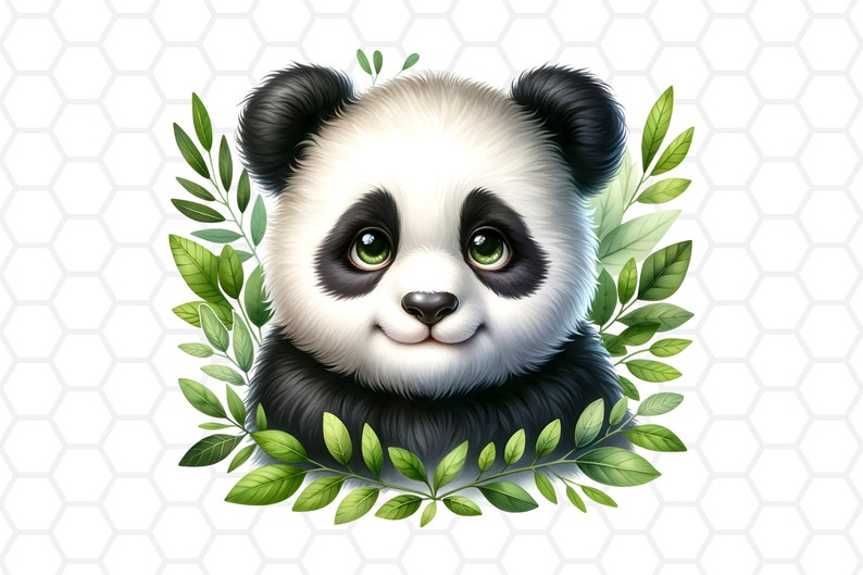 May include: A cute cartoon panda bear with black fur and white markings, surrounded by green leaves. The panda has big, round eyes and a sweet smile.