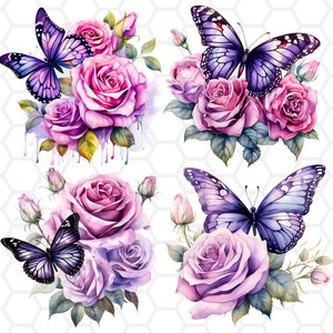 Fichiers png papillon et roses pour sublimation, png papillon, clipart rose, clipart papillon, png rose, dessins de sublimation, aquarelle