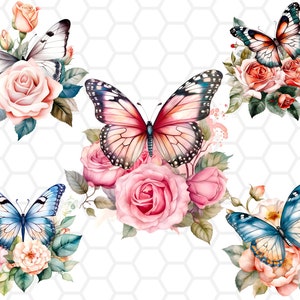 Arquivos png de borboletas e rosas para sublimação, borboleta png, clipart de rosa, clipart de borboleta, rosa png, desenhos de sublimação, aquarela