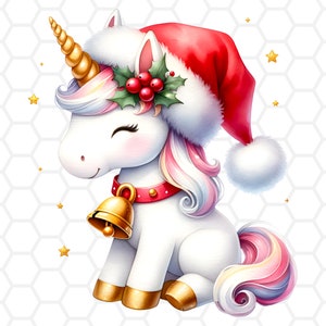 Simpatici trasferimenti per sublimazione di unicorno di Natale pronti per la stampa, clipart di unicorno, png di unicorno, sublimazione di unicorno, clipart di acquerello di Natale