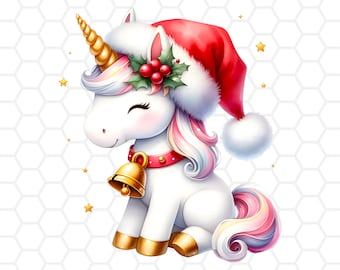 May include: A white unicorn wearing a red Santa hat with a white pom-pom, a green holly wreath with red berries, and a gold bell around its neck. The unicorn has a gold horn and a pink, white, and blue mane and tail.