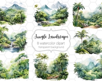 Imágenes prediseñadas de paisaje selvático en acuarela: archivos PNG para sublimación (descarga digital)