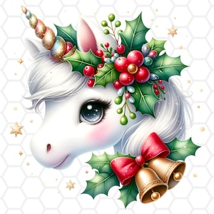 Simpatici trasferimenti per sublimazione di unicorno di Natale pronti per la stampa, clipart di unicorno, png di unicorno, sublimazione di unicorno, clipart di acquerello di Natale
