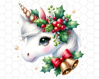 May include: A white unicorn with a gold and rainbow horn, wearing a holly and berry wreath with a red bow and gold bells.