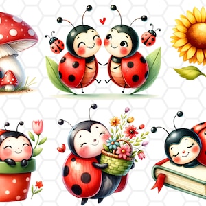 May include: A set of ten digital illustrations featuring cute ladybugs in various settings. The ladybugs are red with black spots and have smiling faces. They are shown in scenes with a mushroom, a sunflower, a flower pot, a book, and a bouquet of flowers.