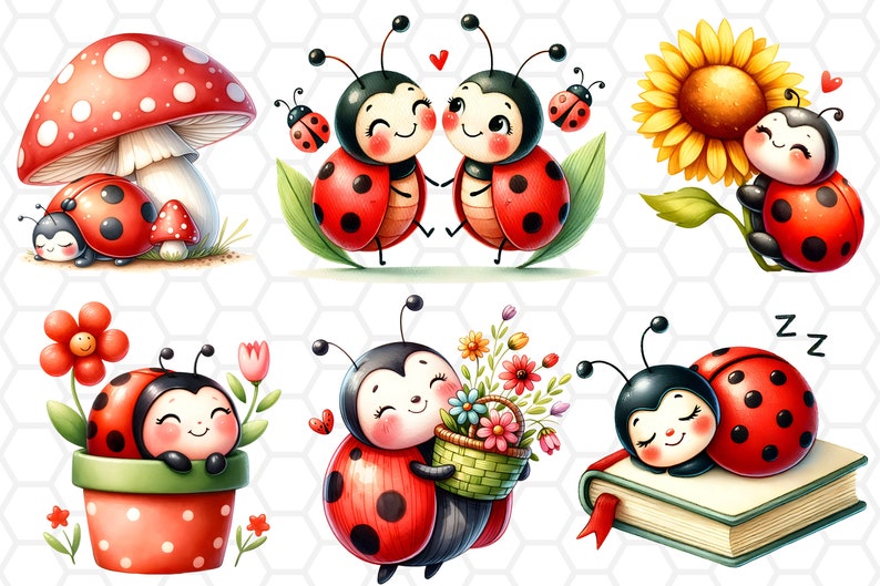 May include: A set of ten digital illustrations featuring cute ladybugs in various settings. The ladybugs are red with black spots and have smiling faces. They are shown in scenes with a mushroom, a sunflower, a flower pot, a book, and a bouquet of flowers.