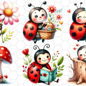 May include: A set of six digital illustrations featuring cute ladybugs in various poses. The ladybugs are red with black spots and have smiling faces. They are surrounded by flowers, a mushroom, and a tree stump.