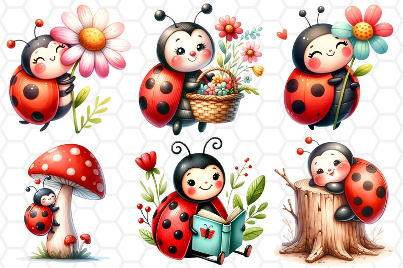 May include: A set of six digital illustrations featuring cute ladybugs in various poses. The ladybugs are red with black spots and have smiling faces. They are surrounded by flowers, a mushroom, and a tree stump.