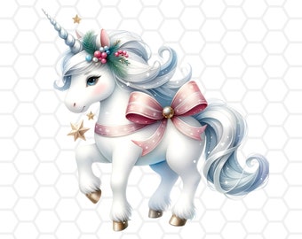 May include: A white unicorn with a silver horn and a pink bow. The unicorn is wearing a wreath of green leaves and red berries. The background is a white honeycomb pattern.