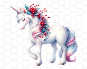 May include: A white unicorn with a long, flowing mane and tail. The unicorn has a silver horn and is wearing a wreath of red berries and green leaves.
