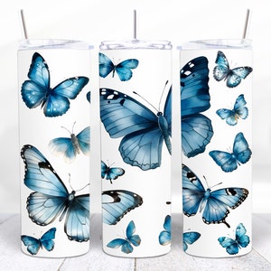 Blue Butterfly 20 oz Skinny Tumbler Sublimation Design, Tumbler dritto e affusolato, Download digitale istantaneo PNG