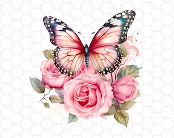 Watercolor Butterfly & Roses PNG Clipart: Sublimation Designs (Digital Download)