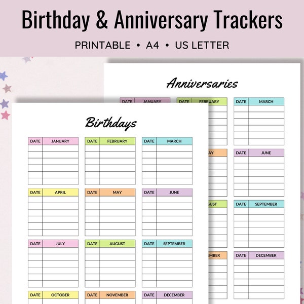 Birthday Tracker, Printable, Birthday Calendar, Birthday Reminder, Anniversary List, Planner Log, Organizer, Family Birthdays Chart, Insert