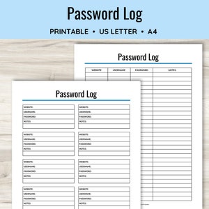 Printable Password Log, Password Keeper, Account Password Tracker, Login Organizer, Password Manager, Login and Password List Reminder, PDF