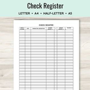 Afdrukbaar chequeregister, chequeboeklogboek, rekeningtracker, debetkaartsaldo, onkostennota, financiële planner, banktransactie, pdf