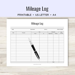 May include: A printable Mileage Log document in US Letter and A4 sizes featuring a black and white grid table with columns for date, purpose, trip from and to, odometer readings, and miles traveled, with a black fountain pen illustration.