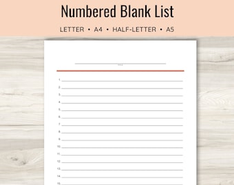 Numbered Blank List, Simple List Template, Printable list, Lined List, To do form, Planner insert, Project organization, Manage goals
