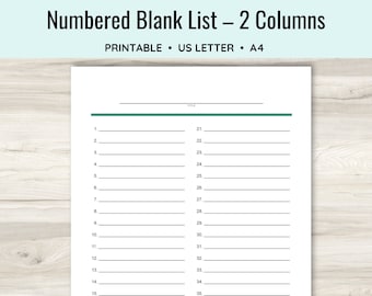 Numbered Blank List with Two Columns, Simple List Template, Printable Lined List, Project Organization, Planner Insert, To Do Form, PDF