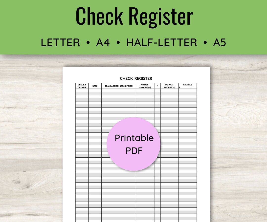 Check Register, Checkbook Log, Account Tracker, Printable, Balance