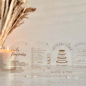 Personalisierte Hochzeitstorte Menü, Aromen Zeichen, klare kundenspezifische Acryl Menüs, Luxus Dessert Zeichen
