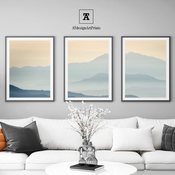 Ensemble de 3 pièces abstraites neutre beige et bleu indigo forêt forestière imprimable, triptyque Smoky Mountain bleu marine grande affiche d'art