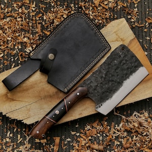 Hand Forged Meat Cleaver Kitchen knife Chefs Cleaver Carbon Steel Blade Heavy Duty Meat Cleaver Knife W/Sheath Birthday Gift For Him/Her