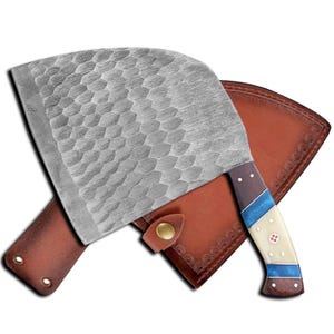 Custom Damascus steel Big Blade Cleaver Knife Hand Forged Chefs Cleaver Knife Bone Handle Heavy Duty meat Chopper Knife Anniversary Gift