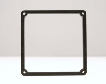 May include: A square black frame with a flat, thin profile and rounded inner corners. Each of the four corners features a small, circular hole designed for mounting or attachment, creating a simple, open-centered geometric component.