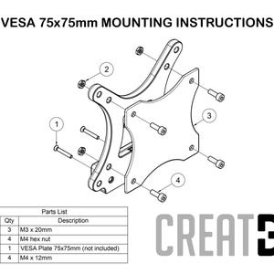 May include: Diagram showing VESA 75x75mm mounting instructions for a bracket, with a parts list. The diagram shows the bracket with screws and nuts. The parts list includes M3 x 20mm screws, M4 hex nuts, a VESA plate, and M4 x 12mm screws. The word CREATE is in the bottom right.
