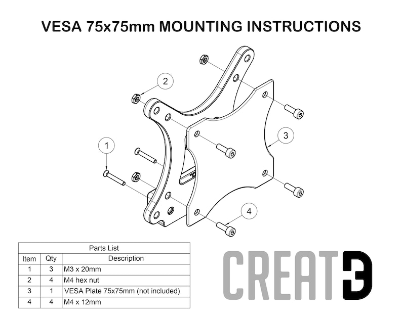 May include: Diagram showing VESA 75x75mm mounting instructions for a bracket, with a parts list. The diagram shows the bracket with screws and nuts. The parts list includes M3 x 20mm screws, M4 hex nuts, a VESA plate, and M4 x 12mm screws. The word CREATE is in the bottom right.