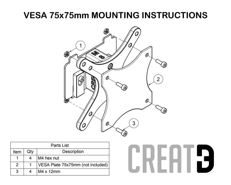 May include: Black and white diagram of a VESA 75x75mm mounting bracket with mounting instructions. The diagram includes a parts list with item numbers, quantities, and descriptions. The text "CREATE" is also visible.