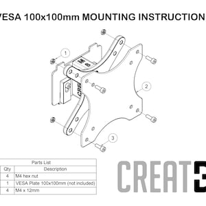 May include: Black and white diagram of a VESA 100x100mm mounting bracket with instructions. The diagram includes a parts list with M4 hex nuts, a VESA plate, and M4 x 12mm screws. The text "CREATE" is also visible.