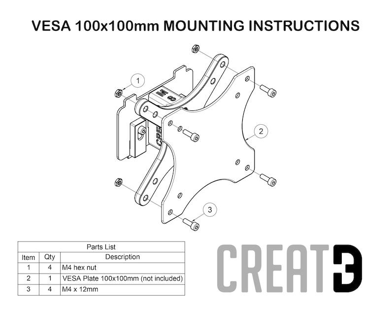 May include: Black and white diagram of a VESA 100x100mm mounting bracket with instructions. The diagram includes a parts list with M4 hex nuts, a VESA plate, and M4 x 12mm screws. The text "CREATE" is also visible.