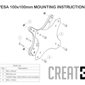May include: Diagram showing VESA 100x100mm mounting instructions. The image details the components required for mounting, such as screws, nuts, and a VESA plate. A parts list is also provided, with measurements in mm.