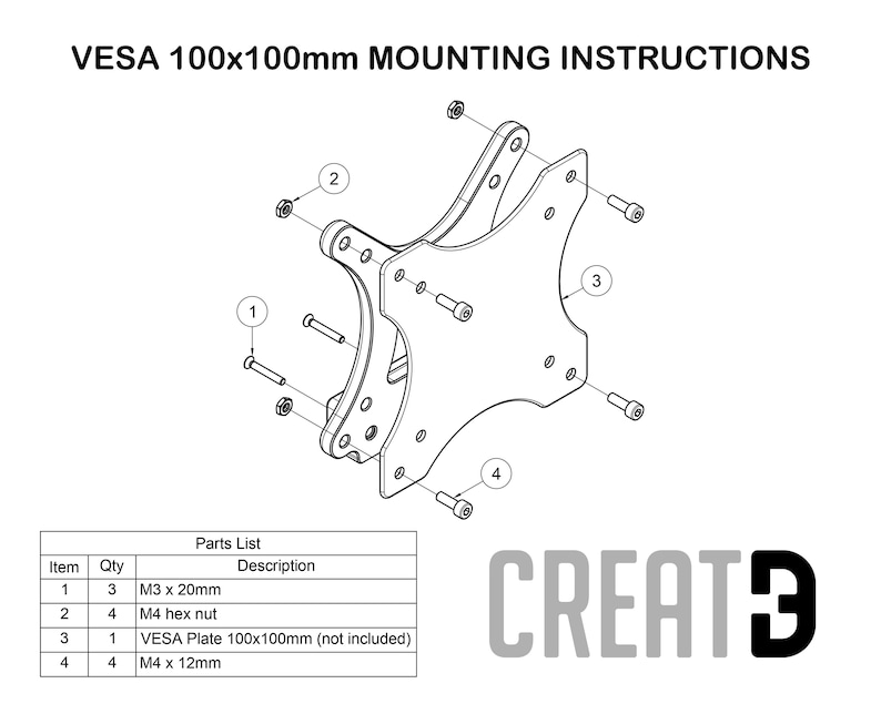 May include: Diagram showing VESA 100x100mm mounting instructions. The image details the components required for mounting, such as screws, nuts, and a VESA plate. A parts list is also provided, with measurements in mm.