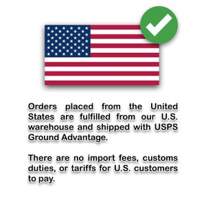May include: Image shows the American flag and a green tick. Text indicates orders from the United States are fulfilled from a U.S. warehouse and shipped with USPS Ground Advantage. No import fees, duties, or tariffs for U.S. customers.