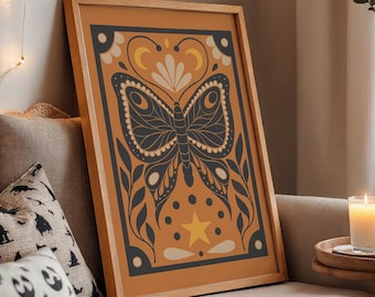 Halloween Butterfly Printable Art, Burnt Orange Boho Halloween Decor, Digital Download, Dark Academia Decor, Earth Tones Art Poster | 1603
