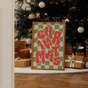 Retro Weihnachten Digital Art Print, druckbare trendige rote und grüne Weihnachtswandkunst | 0887