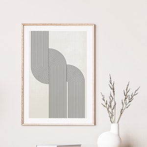 Stampa con linee moderne di metà secolo, arte murale geometrica beige e nera, download digitale / 1254