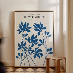 Kopenhagen Blumenmarkt Herunterladbarer Druck, Mid Century moderne druckbare Blumenladen-Dekor, Blumenmarkt Blau Botanischer Druck | 1136