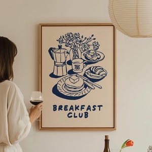 Klub śniadaniowy do pobrania Wydruk artystyczny, nowoczesna kuchnia Indigo Blue Wall Decor, Śniadaniowy stół Wall Art, Modny plakat ze sztuką jedzenia | 0694