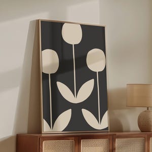 Abstrakte Blumen Mid Century moderne druckbare Wandkunst, beige und schwarze Büro-schwarze, nordische Raum-Dekor, launische botanische Wandkunst | 1908