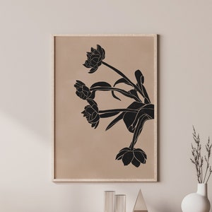 Floral Illustration, Beige Black Wall Art, Instant Download, Beige Printable Art, Flower Art Print, Neutral Botanical, Cream Beige Print