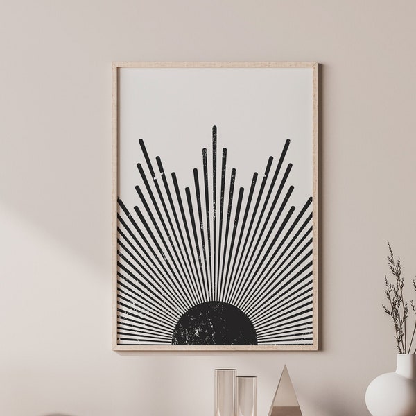 Black and White, Sunburst Print, Mid Century Modern, Printable Wall Art, Rising Sun Wall Art, Minimalist Poster, Bedroom Wall Decor