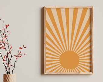 Sunburst Wall Decor, Burnt Orange Prints, Printable Wall Art, Mid Century Modern, Minimalist Poster, Apartment Wall Art, Rising Sun Wall Art